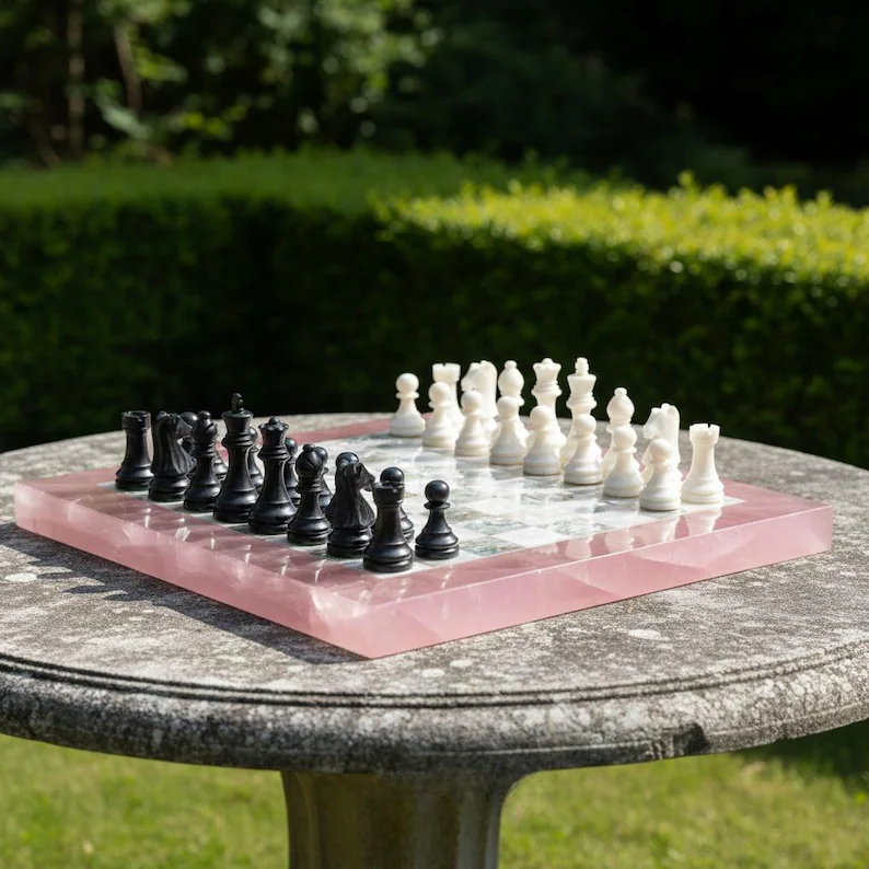 Luxury Rose Quartz & Pearl Chessboard | Gemstone Game Set - Image 2