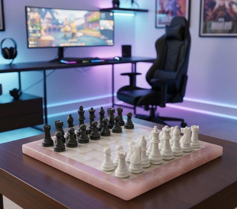Luxury Rose Quartz & Pearl Chessboard | Gemstone Game Set - Image 3