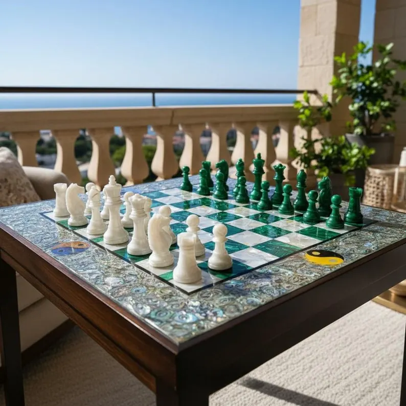 Luxury Malachite Chess Board with Paua Shell | Stone Pieces Decor