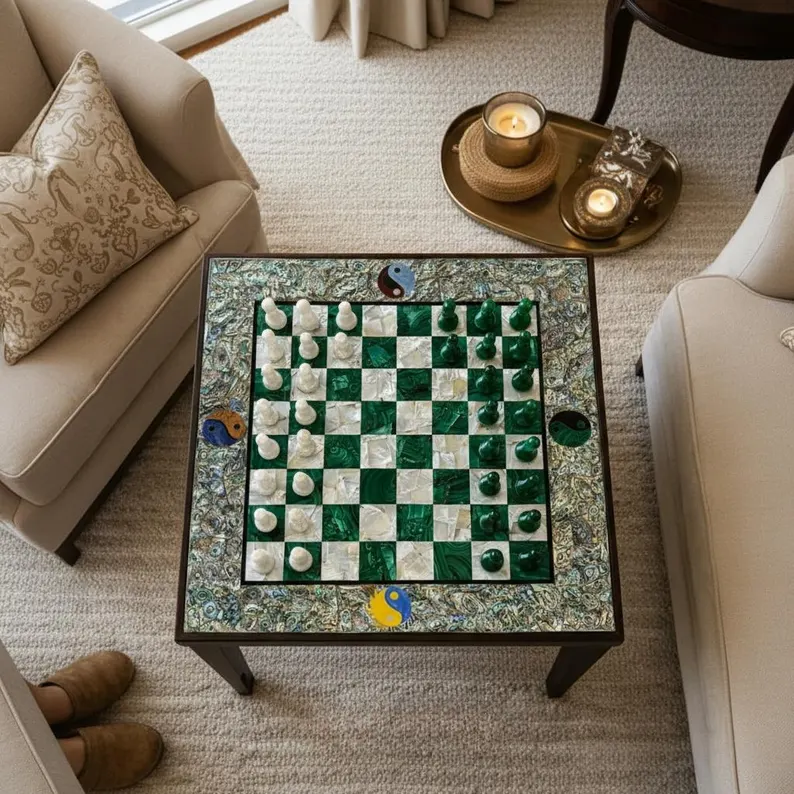 Luxury Malachite Chess Board with Paua Shell | Stone Pieces Decor - Image 4