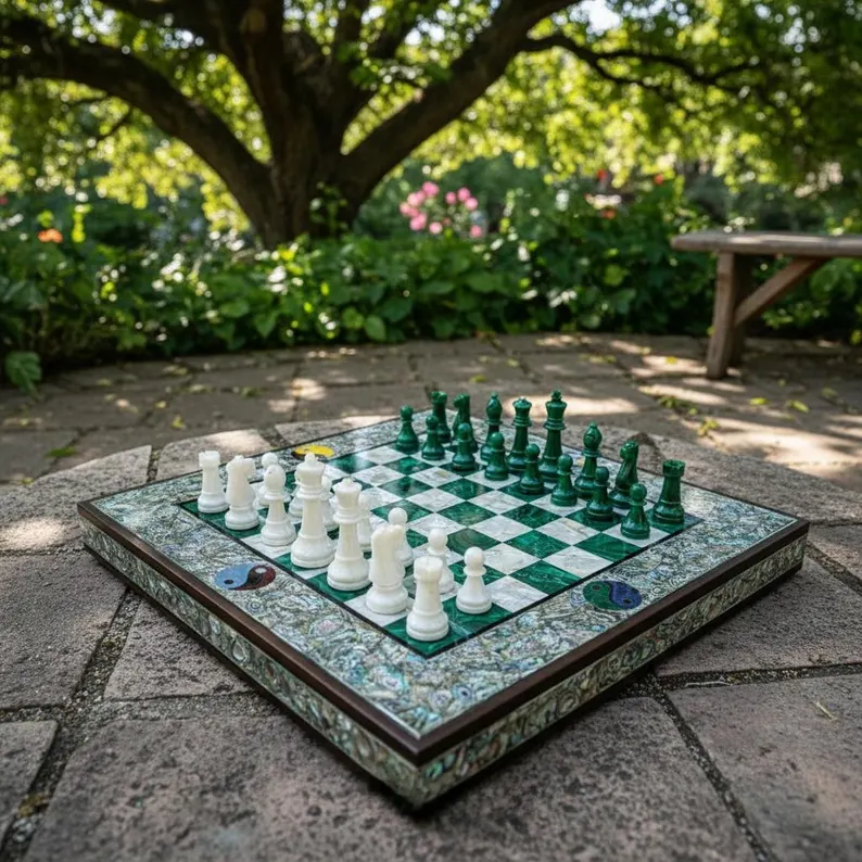 Luxury Malachite Chess Board with Paua Shell | Stone Pieces Decor - Image 5