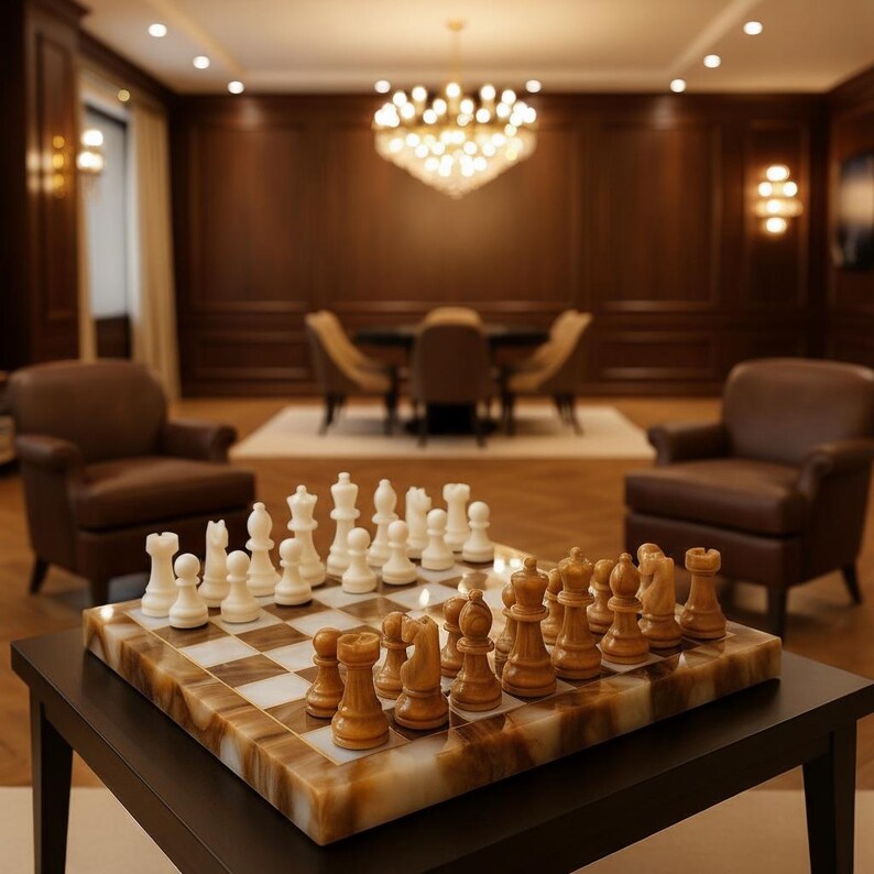 Onyx Marble Chess Set Handmade – Brown & White Stone Inlay Board - Image 3