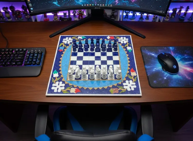 Luxury Lapis Lazuli Chess Set – Handmade Stone Board with Blue Gemstone Pieces - Image 4