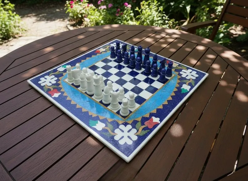 Luxury Lapis Lazuli Chess Set – Handmade Stone Board with Blue Gemstone Pieces - Image 6