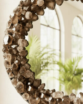 Handmade Smoky Quartz Crystal Wall Mirror – Round Natural Stone Decor, Luxury Gemstone Mirror
