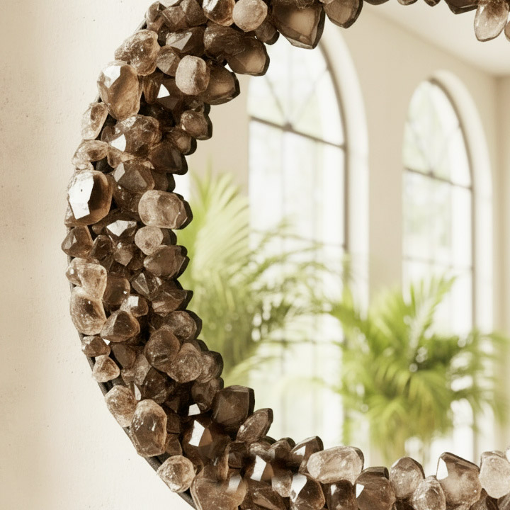 Handmade Smoky Quartz Crystal Wall Mirror – Round Natural Stone Decor, Luxury Gemstone Mirror - Image 2