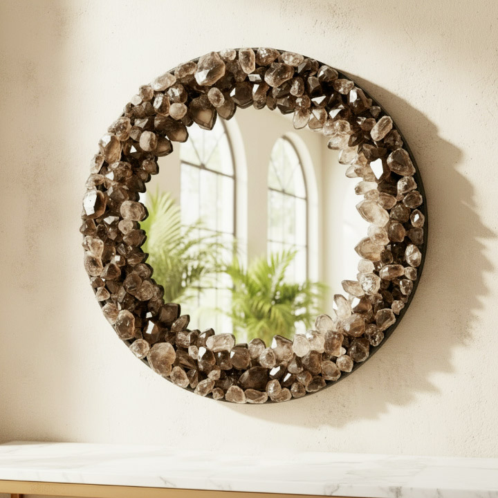 Handmade Smoky Quartz Crystal Wall Mirror – Round Natural Stone Decor, Luxury Gemstone Mirror - Image 3