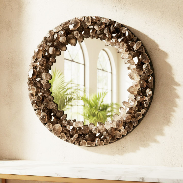 Handmade Smoky Quartz Crystal Wall Mirror – Round Natural Stone Decor, Luxury Gemstone Mirror - Image 5