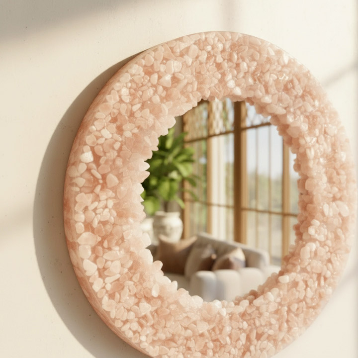Round Rose Quartz Crystal Mirror – Handmade Natural Stone Wall Decor - Image 2