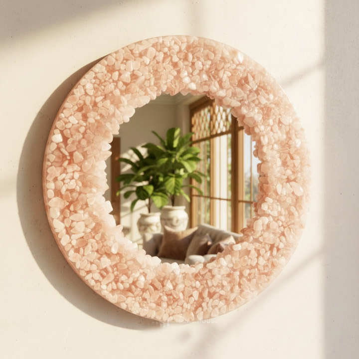 Round rose quartz crystal wall mirror handmade