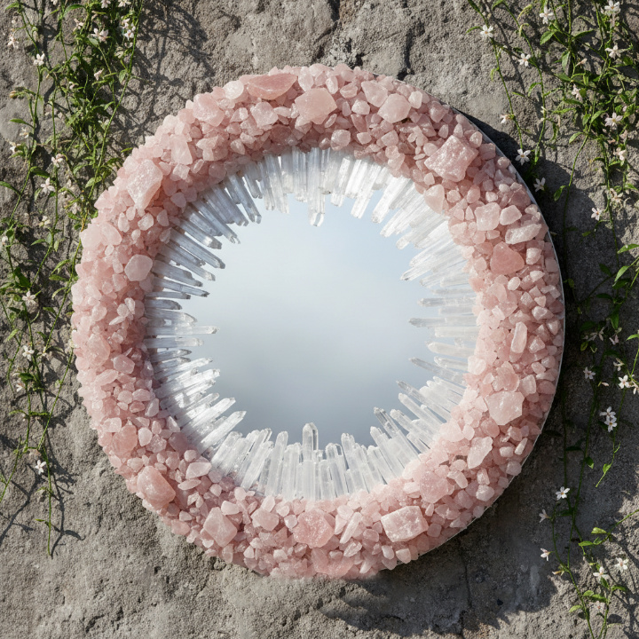Round Rose Quartz Crystal Mirror – Handmade Natural Stone Wall Decor - Image 5