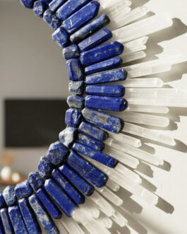 Handmade Blue & White Crystal Wall Mirror – Round Sunburst Natural Stone Decor, Luxury Gemstone Mirror