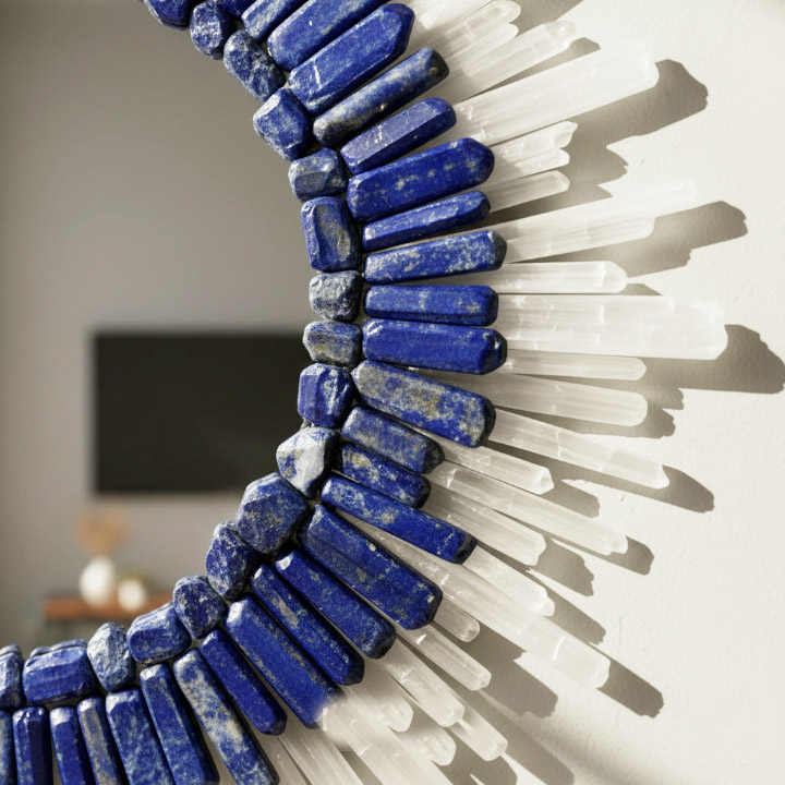 Handmade Blue & White Crystal Wall Mirror – Round Sunburst Natural Stone Decor, Luxury Gemstone Mirror - Image 2