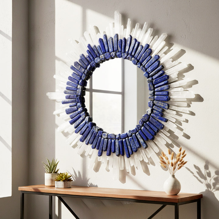 Handmade Blue & White Crystal Wall Mirror – Round Sunburst Natural Stone Decor, Luxury Gemstone Mirror - Image 5