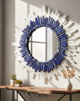 Handmade Blue & White Crystal Wall Mirror – Round Sunburst Natural Stone Decor, Luxury Gemstone Mirror