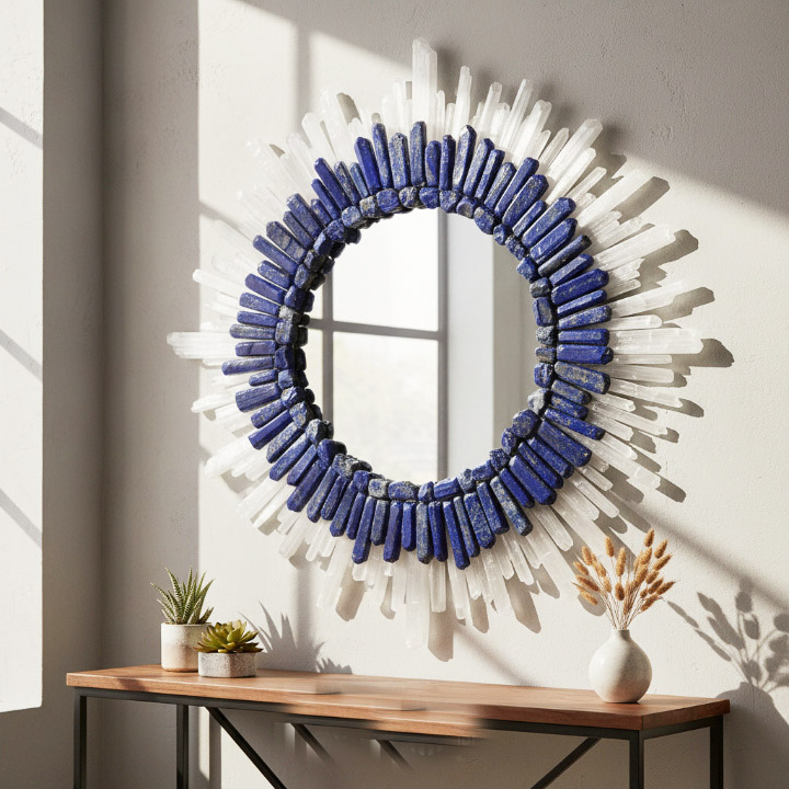Round sunburst gemstone mirror handcrafted from blue & white crystals