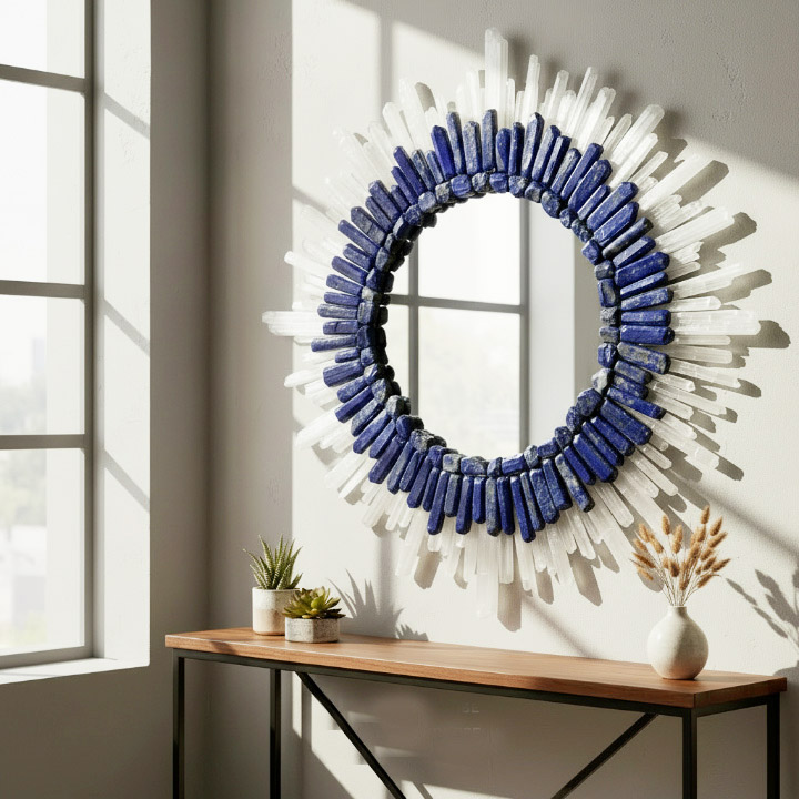 Handmade Blue & White Crystal Wall Mirror – Round Sunburst Natural Stone Decor, Luxury Gemstone Mirror - Image 4