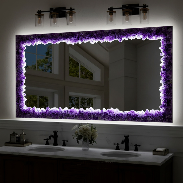 Luxury Amethyst Gemstone Mirror – Handmade Rectangular Crystal Frame Wall Decor - Image 3
