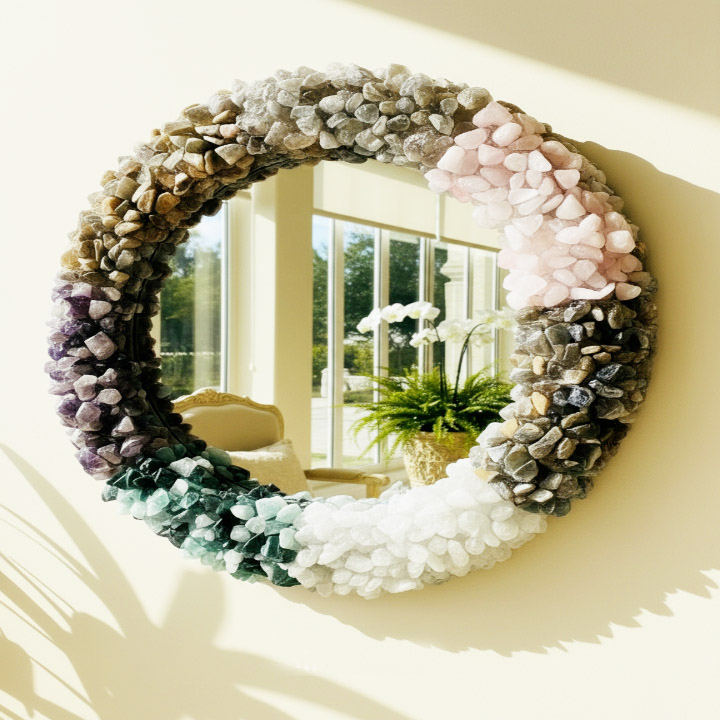Multi gemstone round wall mirror handmade from natural stone