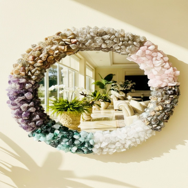 Multi Gemstone Round Wall Mirror – Handmade Natural Stone Luxury Decor - Image 6