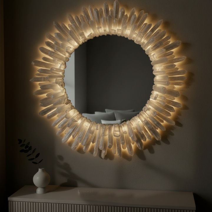 Handmade White Crystal Wall Mirror – Round Natural Stone Frame, Luxury Gemstone Home Decor - Image 3