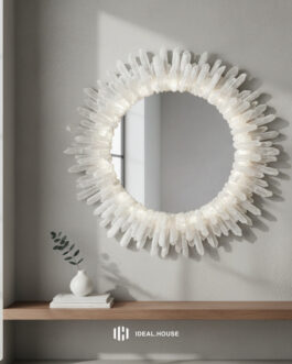 Handmade White Crystal Wall Mirror – Round Natural Stone Frame, Luxury Gemstone Home Decor