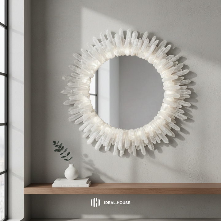 Handmade white crystal wall mirror round natural stone frame