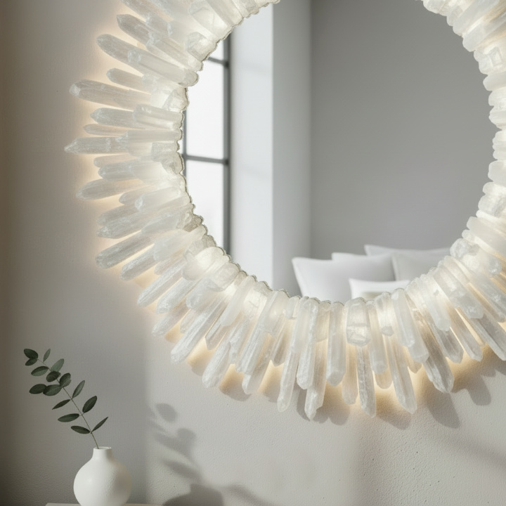 Handmade White Crystal Wall Mirror – Round Natural Stone Frame, Luxury Gemstone Home Decor - Image 5