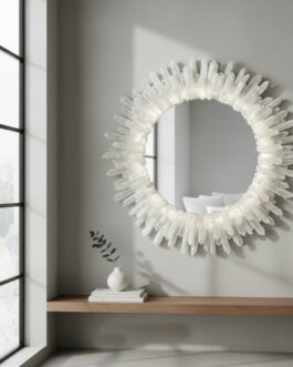 Handmade White Crystal Wall Mirror – Round Natural Stone Frame, Luxury Gemstone Home Decor