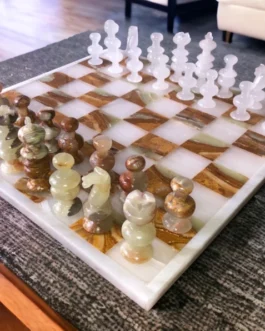 Handmade Large 15×15 Marble Onyx Chess Set – White & Tortoise Board