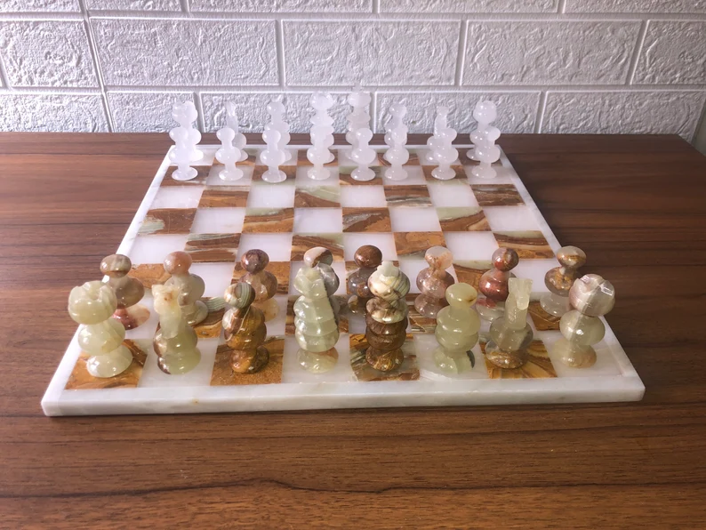 Handmade Large 15x15 Marble Onyx Chess Set - White & Tortoise Board - Image 3