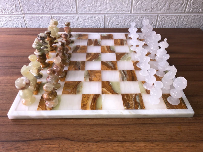 Handmade Large 15x15 Marble Onyx Chess Set - White & Tortoise Board - Image 4