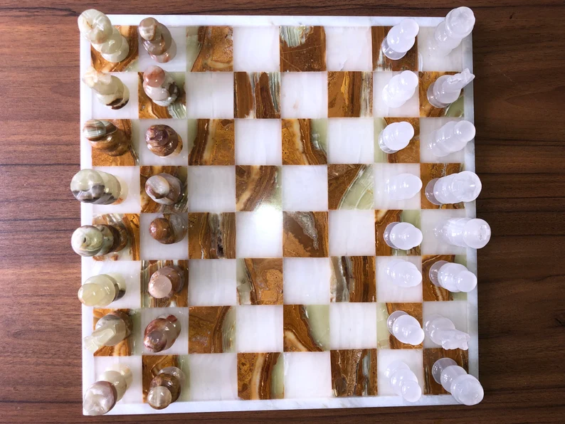 Handmade Large 15x15 Marble Onyx Chess Set - White & Tortoise Board - Image 5