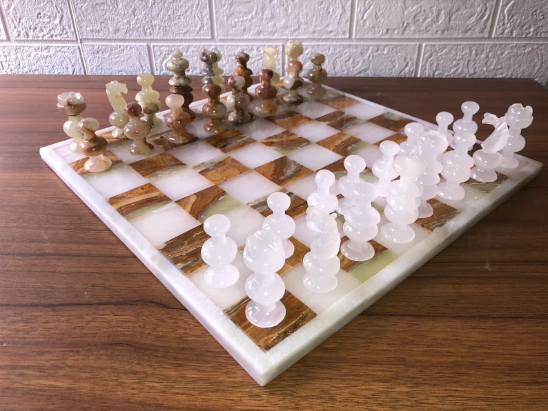 Handmade Large 15x15 Marble Onyx Chess Set - White & Tortoise Board - Image 6