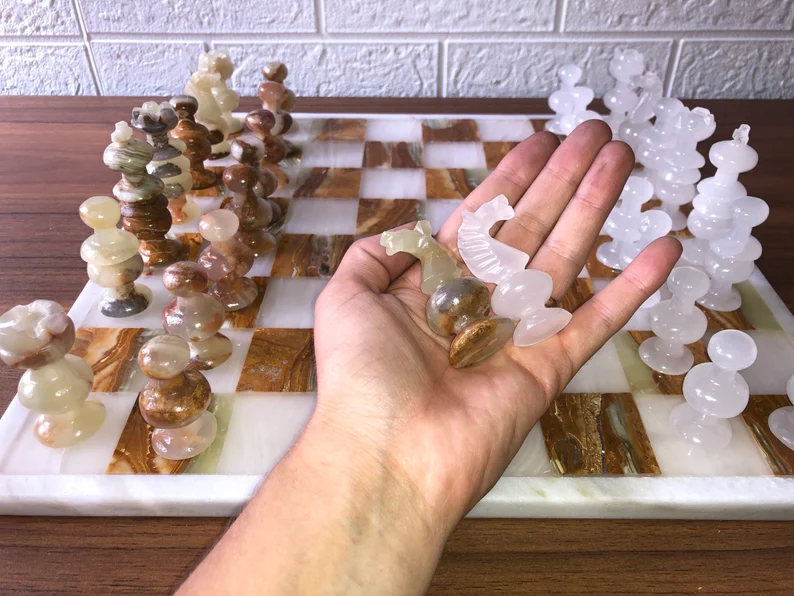 Handmade Large 15x15 Marble Onyx Chess Set - White & Tortoise Board - Image 7