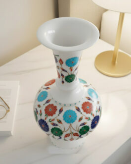 Luxury White Marble Floral Inlay Vase | Handmade Pietra Dura Decorative Vase