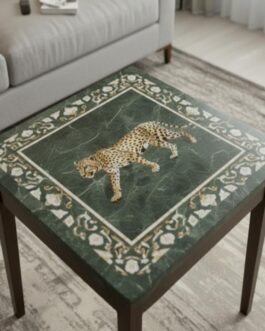 Green Marble Tiger Inlay Coffee Table – Handmade Gemstone Art