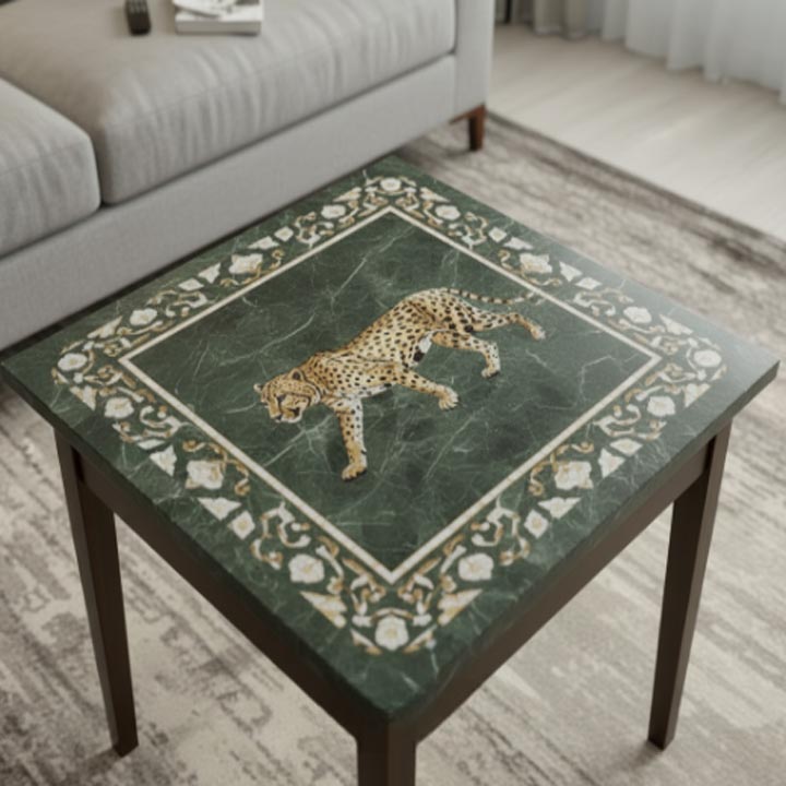 Green marble inlay coffee table with tiger gemstone art