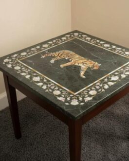 Green Marble Tiger Inlay Coffee Table – Handmade Gemstone Art