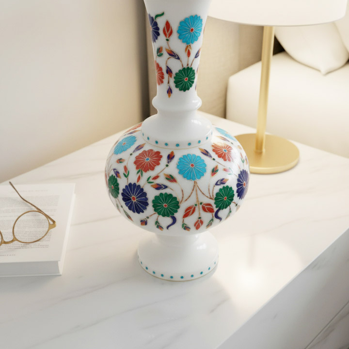 Luxury White Marble Floral Inlay Vase | Handmade Pietra Dura Decorative Vase - Image 3