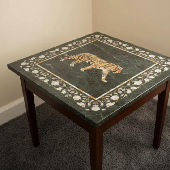 Green Marble Tiger Inlay Coffee Table β Handmade Gemstone Art - Image 2