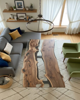 Modern Dark Wood Clear Epoxy Dining Table – Transparent Resin Inlay