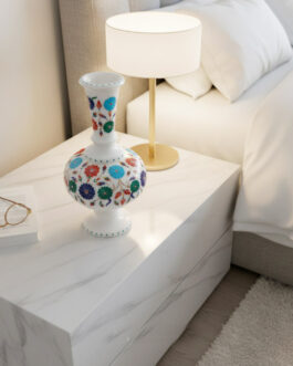 Luxury White Marble Floral Inlay Vase | Handmade Pietra Dura Decorative Vase