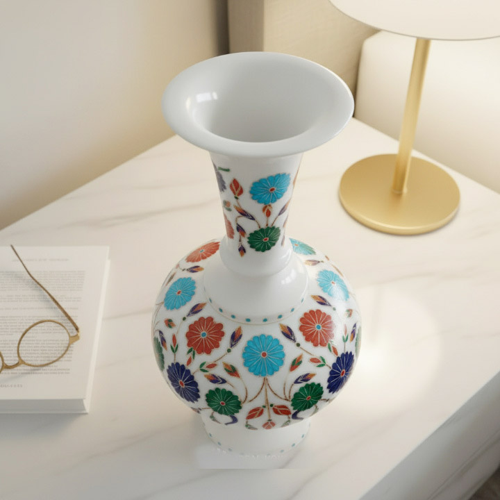 Luxury White Marble Floral Inlay Vase | Handmade Pietra Dura Decorative Vase - Image 5