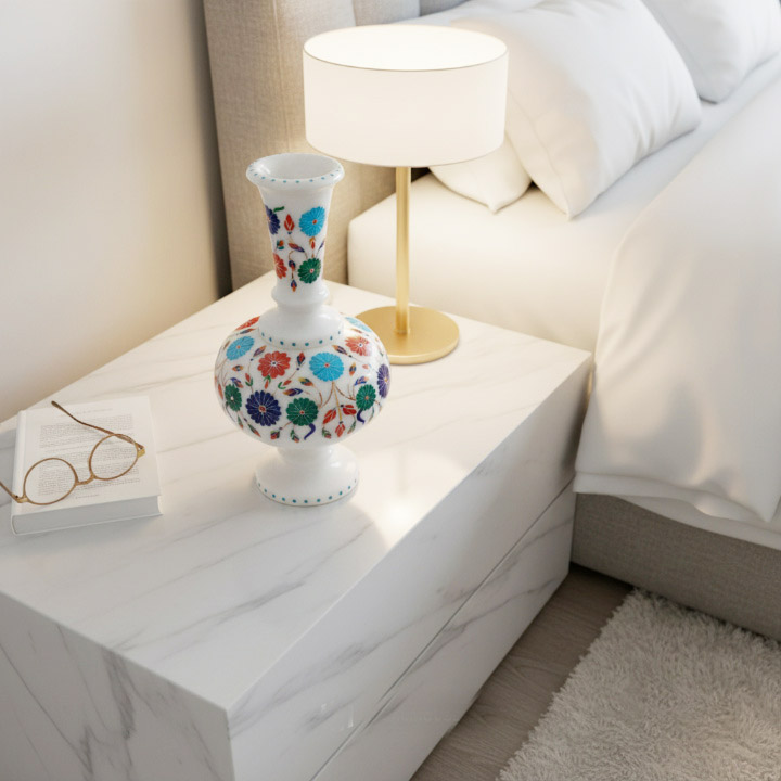 Luxury White Marble Floral Inlay Vase | Handmade Pietra Dura Decorative Vase - Image 6