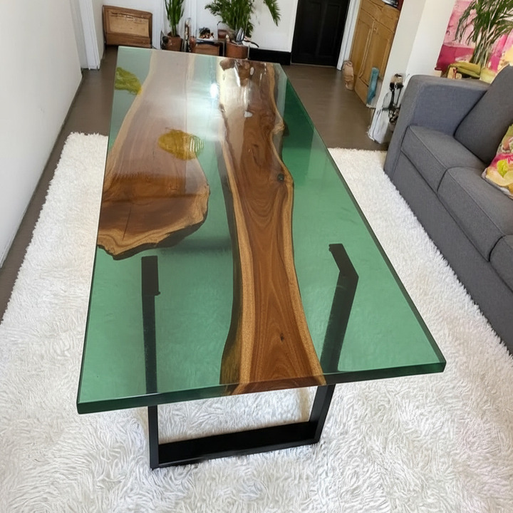 Modern clear epoxy coffee table with transparent resin top handmade luxury center table for modern living room decor USA