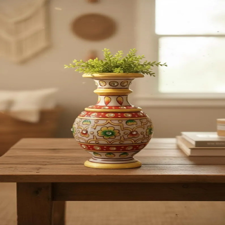 Luxury Marble Vase with Golden Meenakari Floral Design – Artisan Home Accent - Image 4