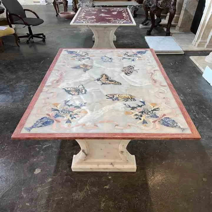 Luxury White Marble Dining Table with Inlaid Flower Vase – Handmade Artisan Design - Image 2