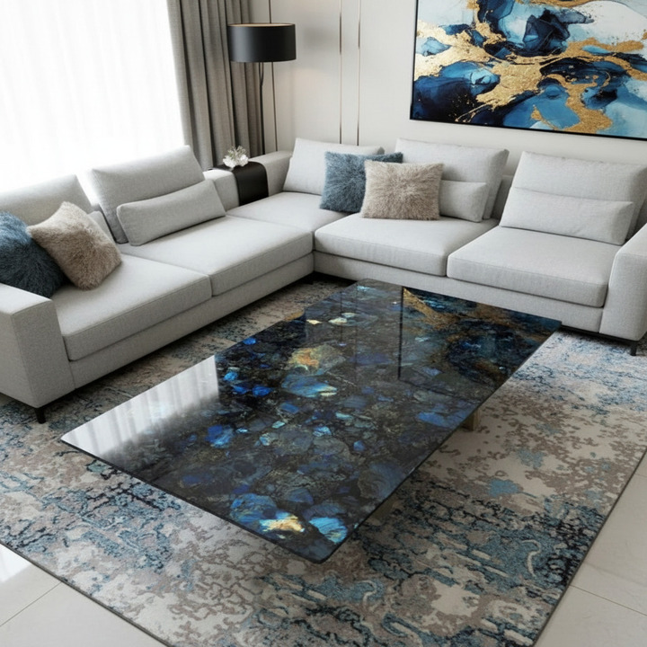 Semi-precious labradorite coffee table with polished gemstone top for elegant living room décor