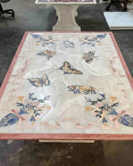 Luxury White Marble Dining Table with Inlaid Flower Vase – Handmade Artisan Design